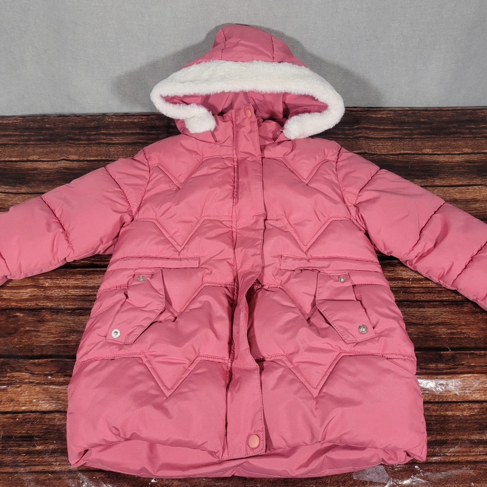 Pink Hooded Puffer Jacket with Faux Fur Trim